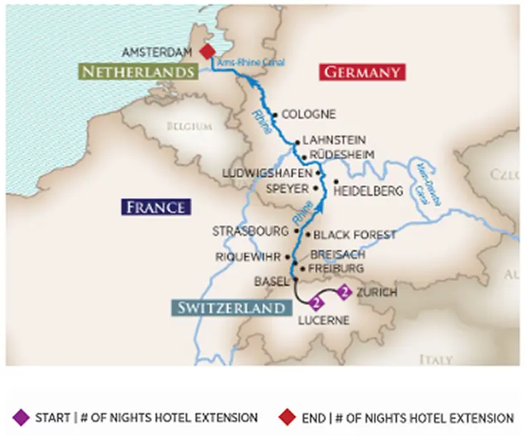 Map showing a travel route starting in Amsterdam, Netherlands, through Germany and France, ending in Lucerne, Switzerland. Key locations include Heidelberg, Strasbourg, and Zurich.